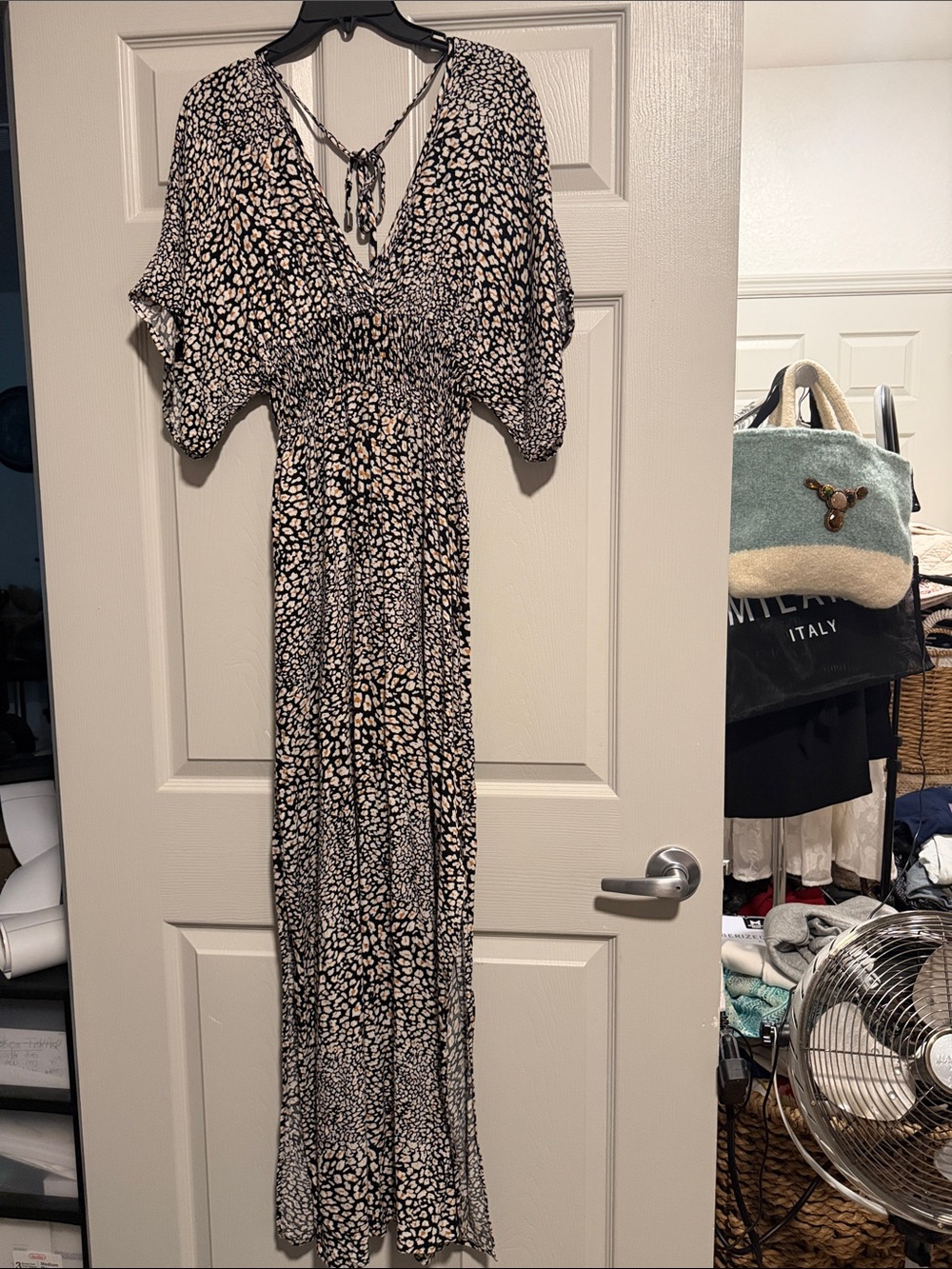 lovestitch Black and Cream Printed V-Neck Smocked Maxi Dress